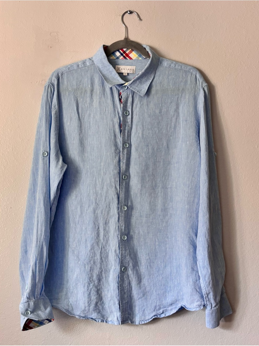 Amiani  Men’s Linen Long Sleeve Light Blue Shirt size L